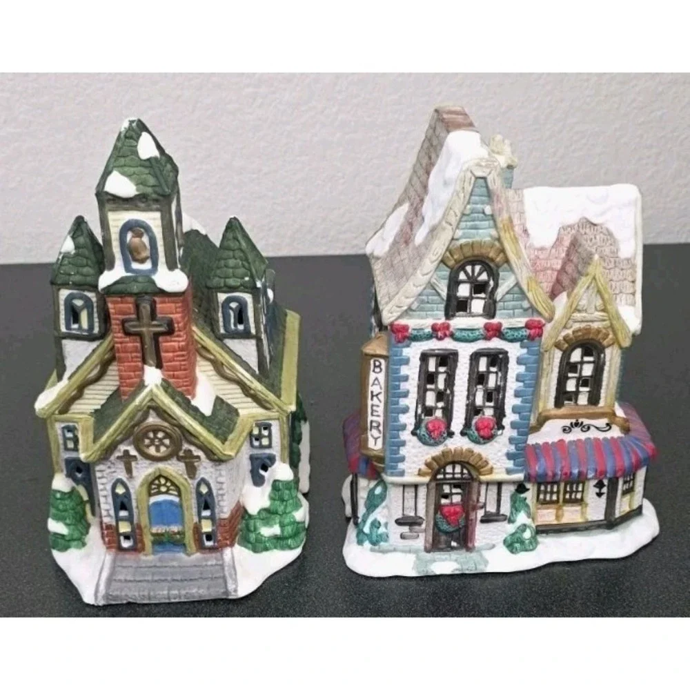 2pc CHRISTMAS VILLAGE PORCELAIN SNOW CHURCH Bakery HOUSE Decor Holiday Town